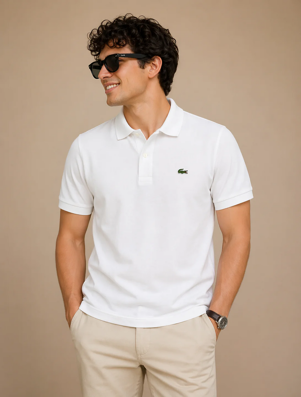 L Men White Solid Polos T-Shirt