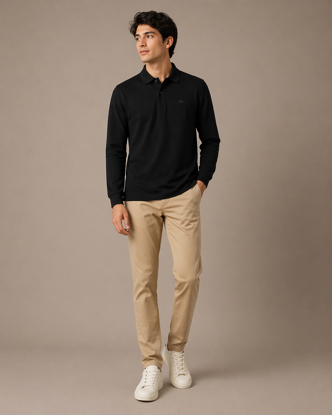 L Men Black Long-Sleeve Paris Shirt Regular Fit Stretch Cotton Pique