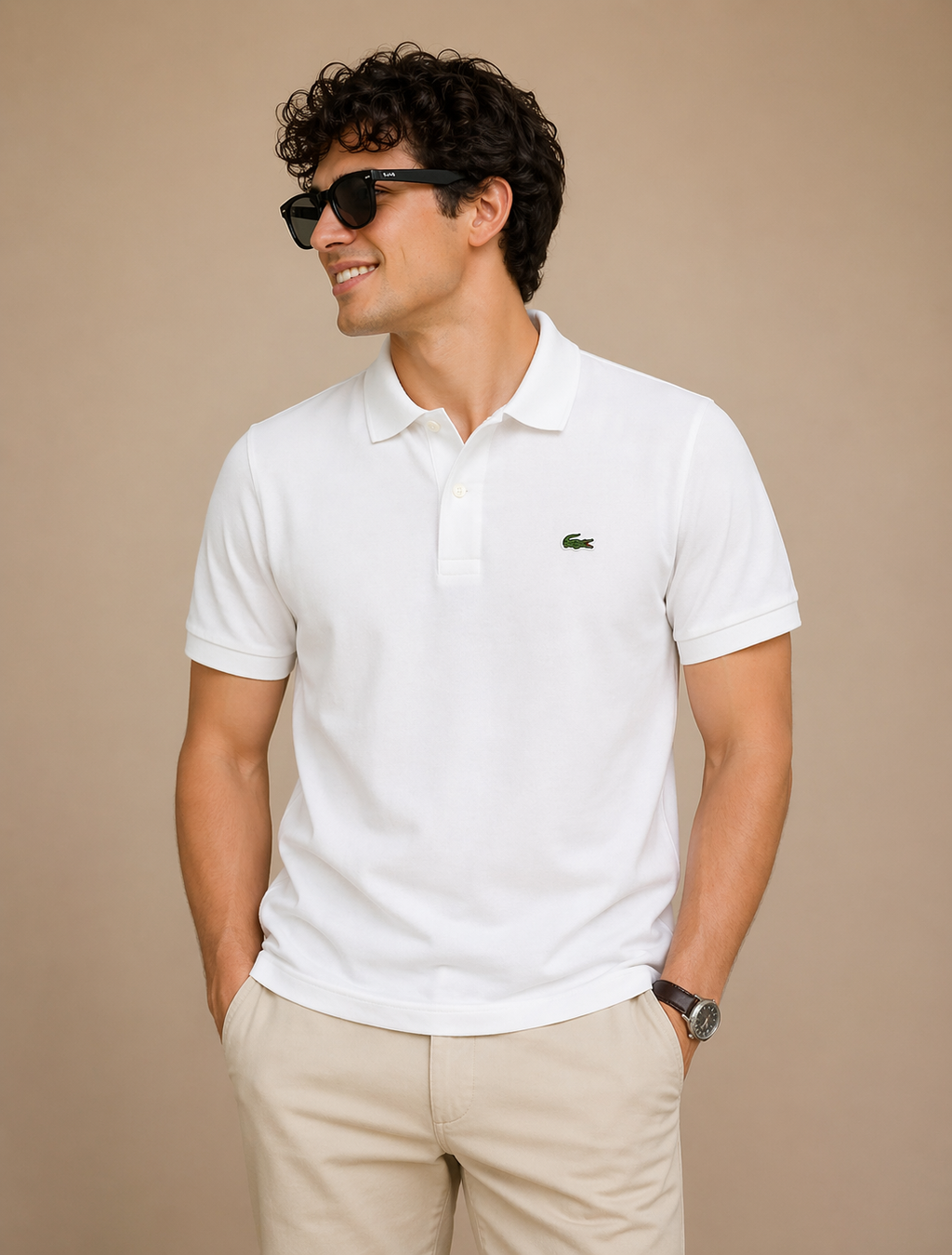 L Men White Solid Polos