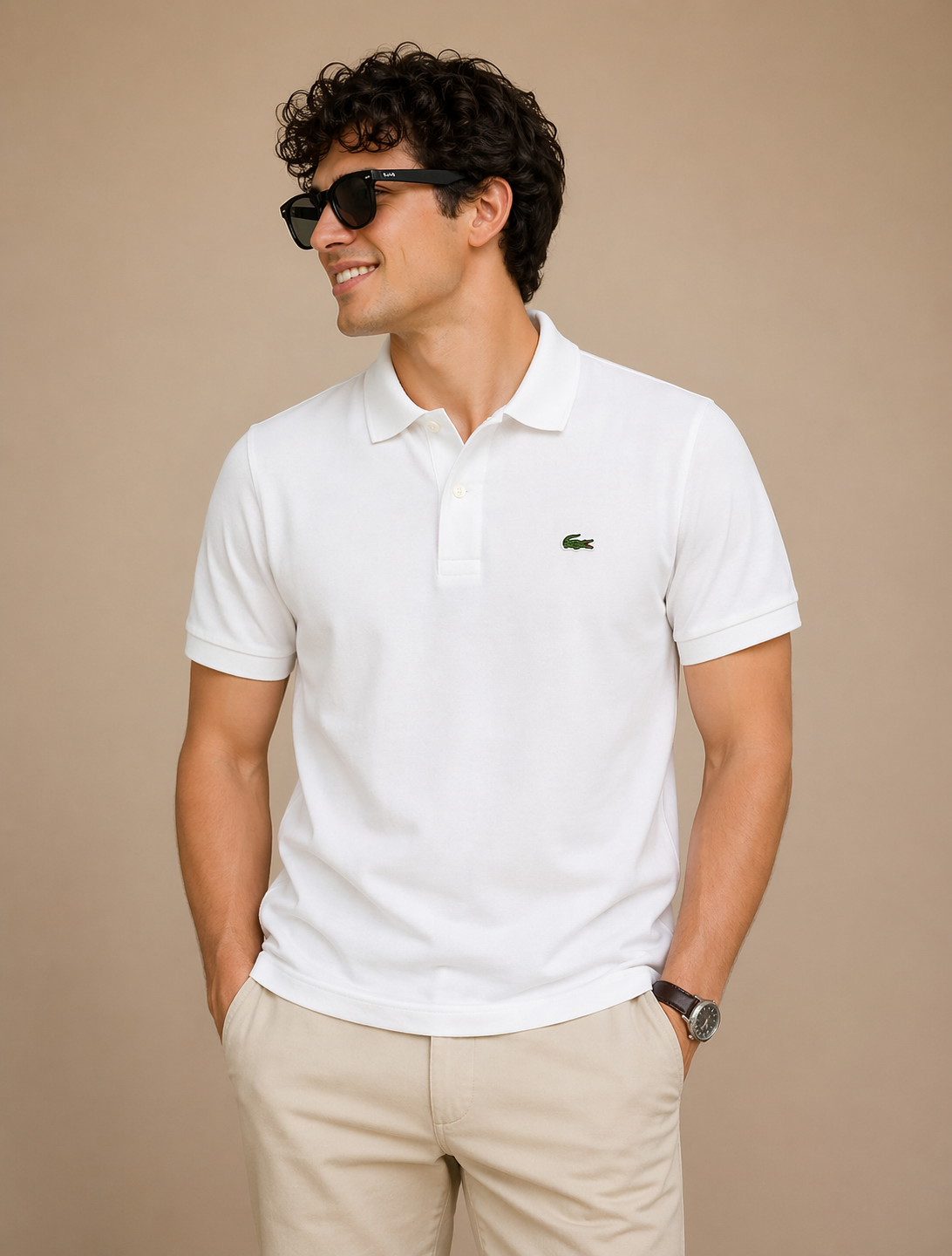 L Men White Solid Polos