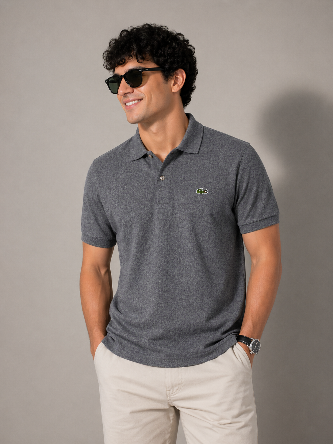 L Men Grey Heathered Pique Cotton Shirt