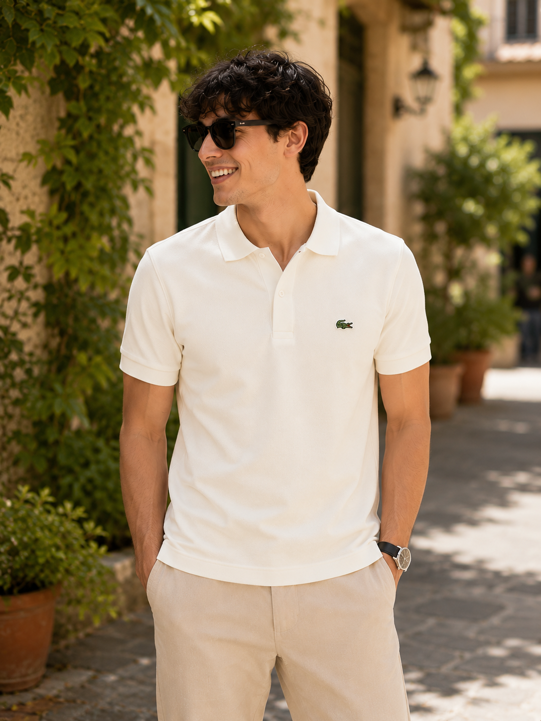 L Men white cream Polos T-Shirt